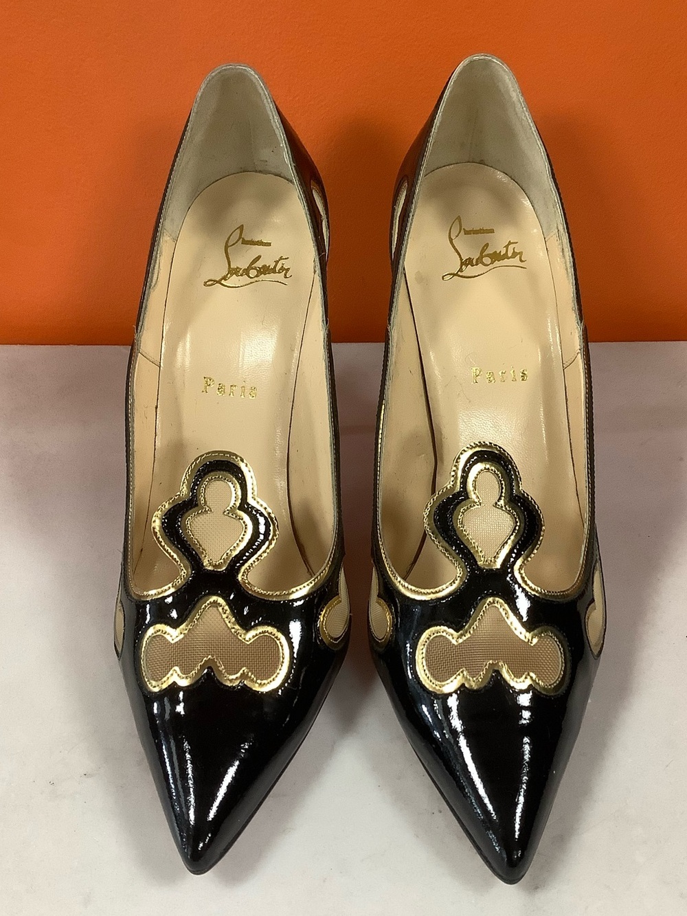 Louboutin Black and Gold with Mesh Pumps